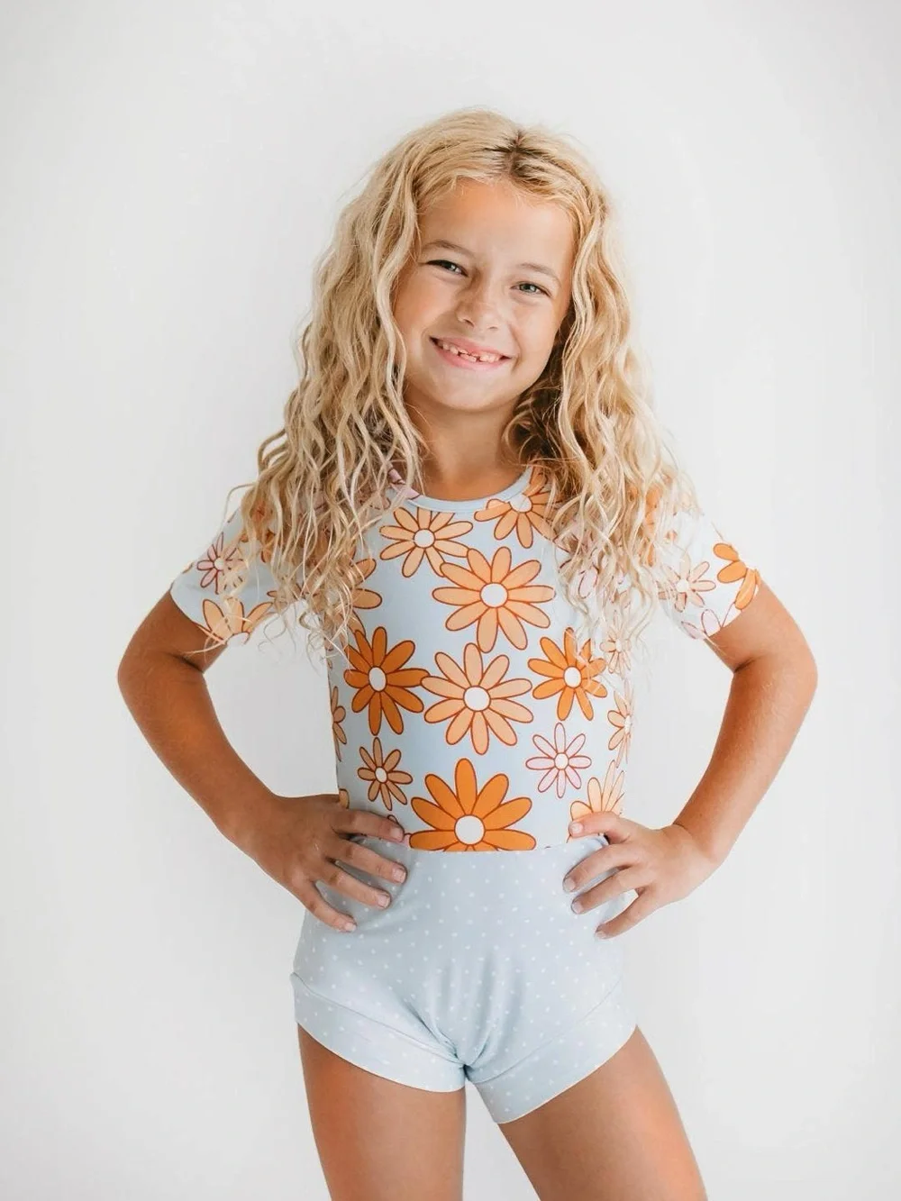 Blue Gray Retro Flower Dance Tumble Gymnastics Leotard